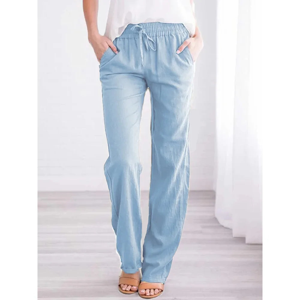Women 100% Cotton  Drawstring Pants Elastic Waist Casual Solid Color Trousers Baggy