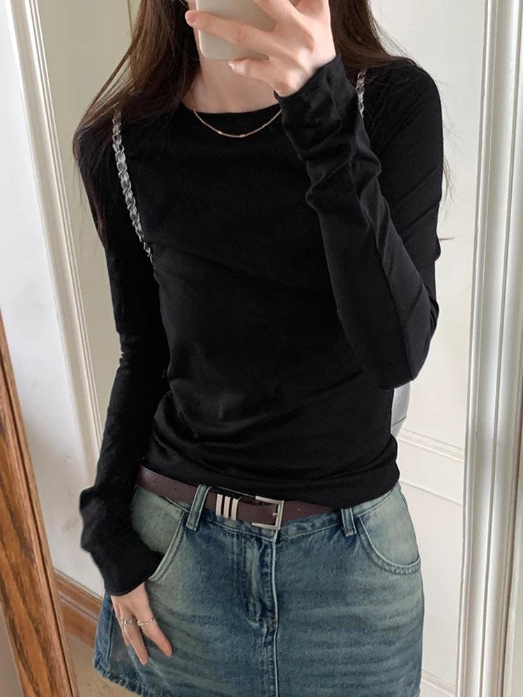 Spring T shirt Women Tops Solid Long Sleeve Ruched O Neck Tshirts Female