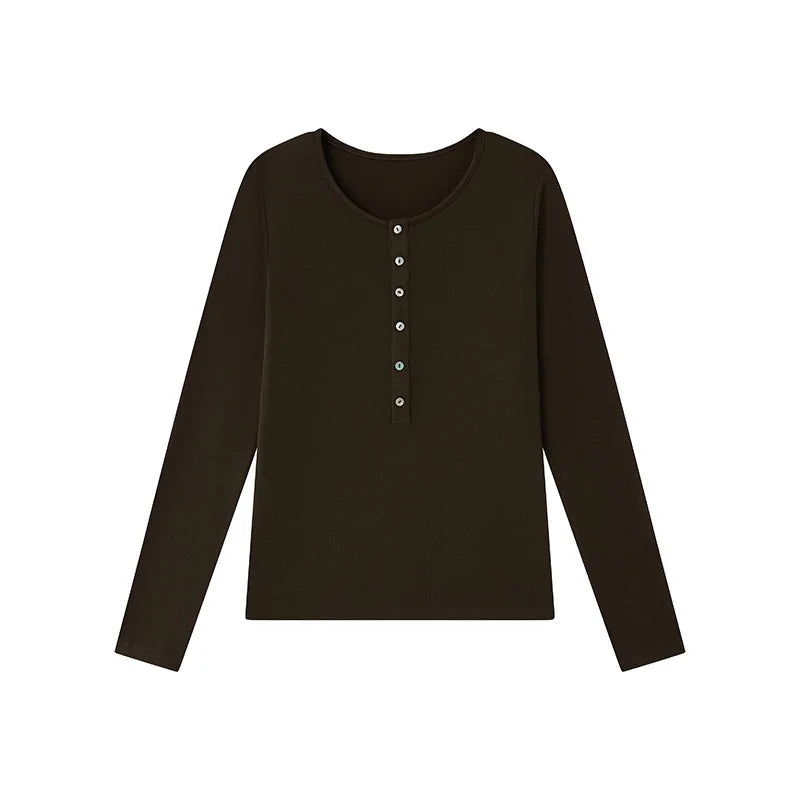 Silk Wool Basic Shirt For Women Autumn Winter Round Button Neck Slim Knitwear