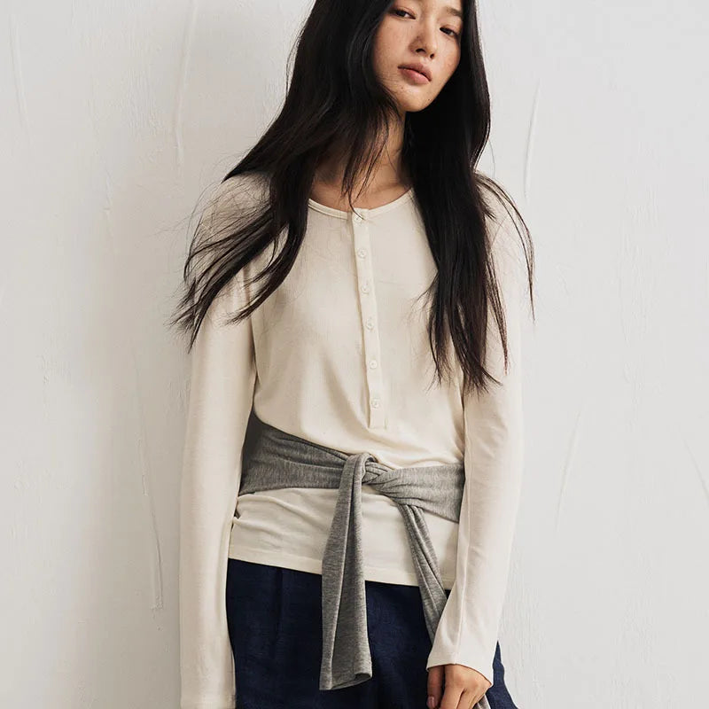 Silk Wool Basic Shirt For Women Autumn Winter Round Button Neck Slim Knitwear