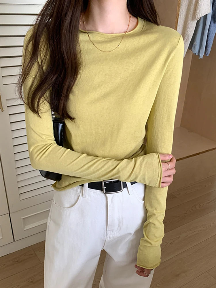 Spring T shirt Women Tops Solid Long Sleeve Ruched O Neck Tshirts Female