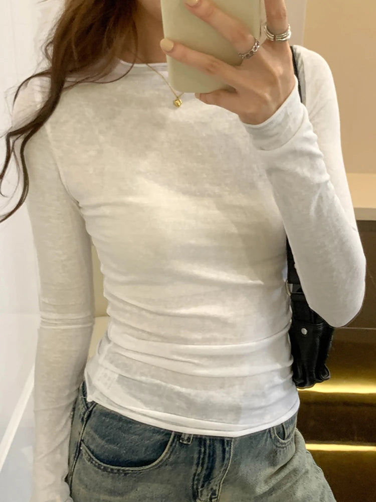 Spring T shirt Women Tops Solid Long Sleeve Ruched O Neck Tshirts Female