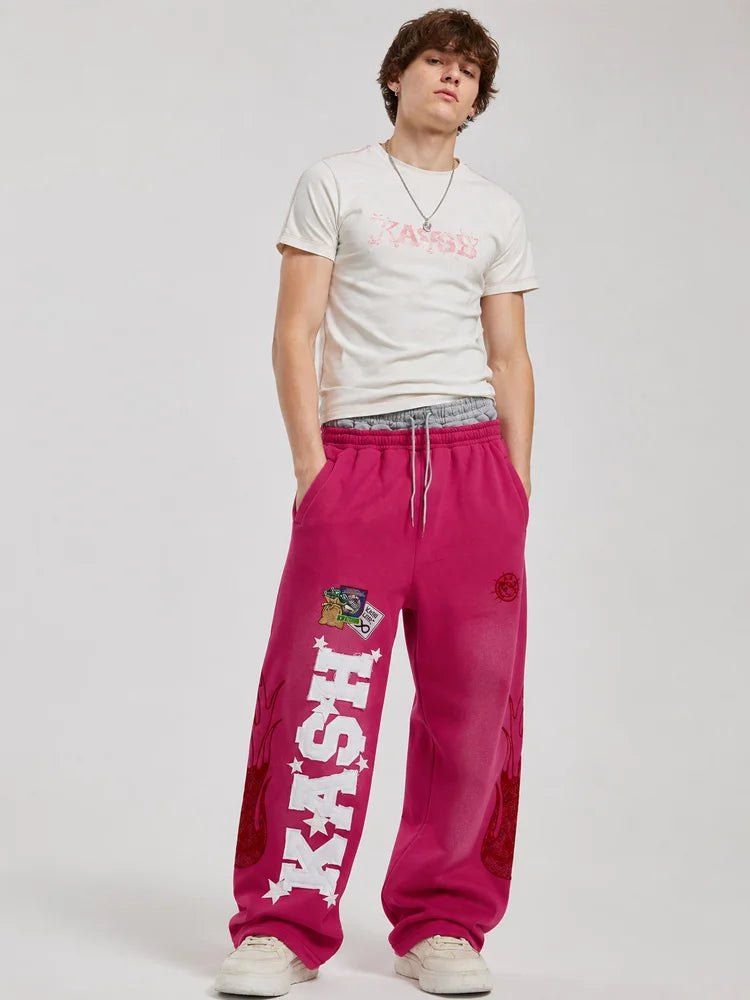 Autumn and winter Fashion High Street Ins Fashion Loose Straight Emboidered Printed Casual Pants
