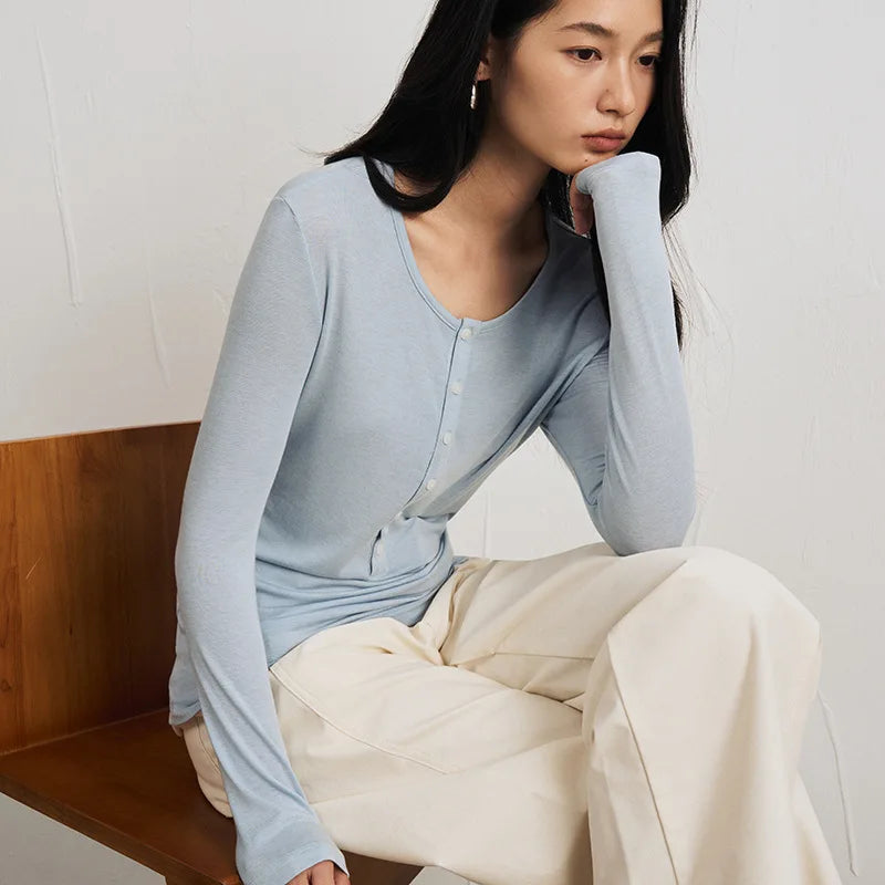 Silk Wool Basic Shirt For Women Autumn Winter Round Button Neck Slim Knitwear
