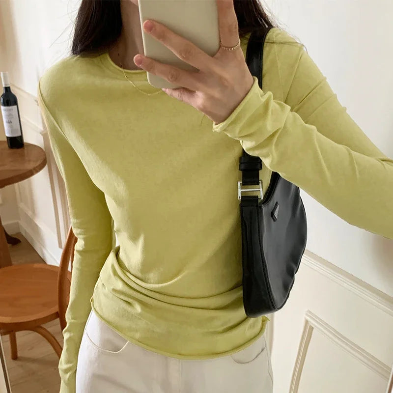 Spring T shirt Women Tops Solid Long Sleeve Ruched O Neck Tshirts Female