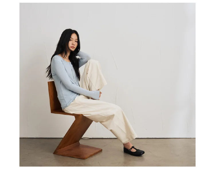Silk Wool Basic Shirt For Women Autumn Winter Round Button Neck Slim Knitwear