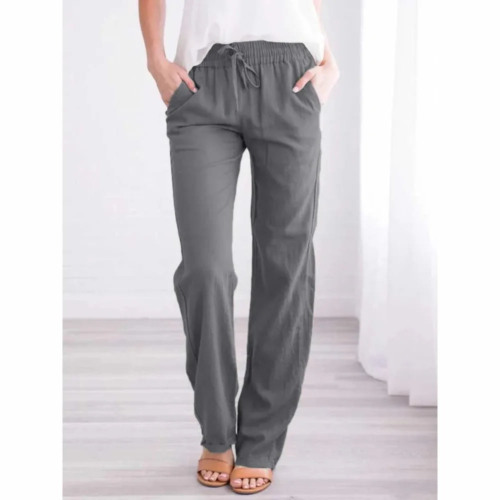 Women 100% Cotton  Drawstring Pants Elastic Waist Casual Solid Color Trousers Baggy