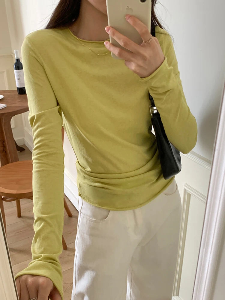Spring T shirt Women Tops Solid Long Sleeve Ruched O Neck Tshirts Female