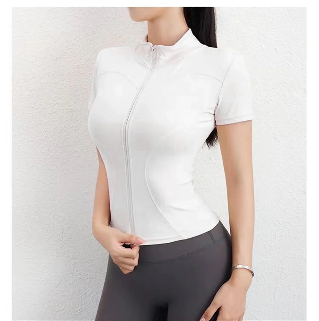 Summer Solid Zipper Slimming Coat Women Short Sleeve Stand Collar