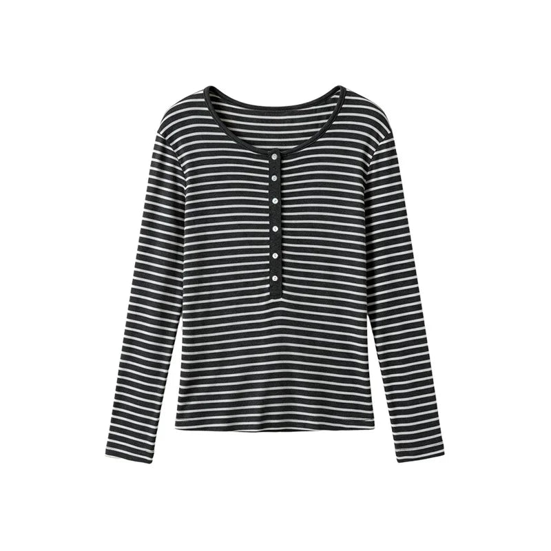 Silk Wool Basic Shirt For Women Autumn Winter Round Button Neck Slim Knitwear