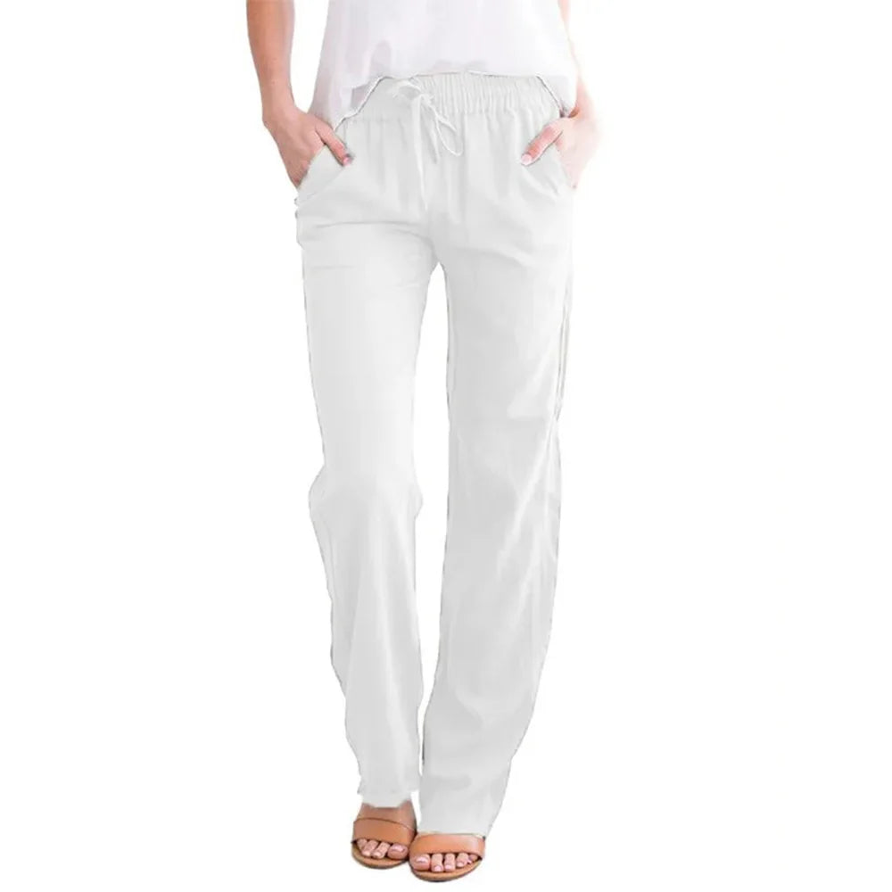 Women 100% Cotton  Drawstring Pants Elastic Waist Casual Solid Color Trousers Baggy