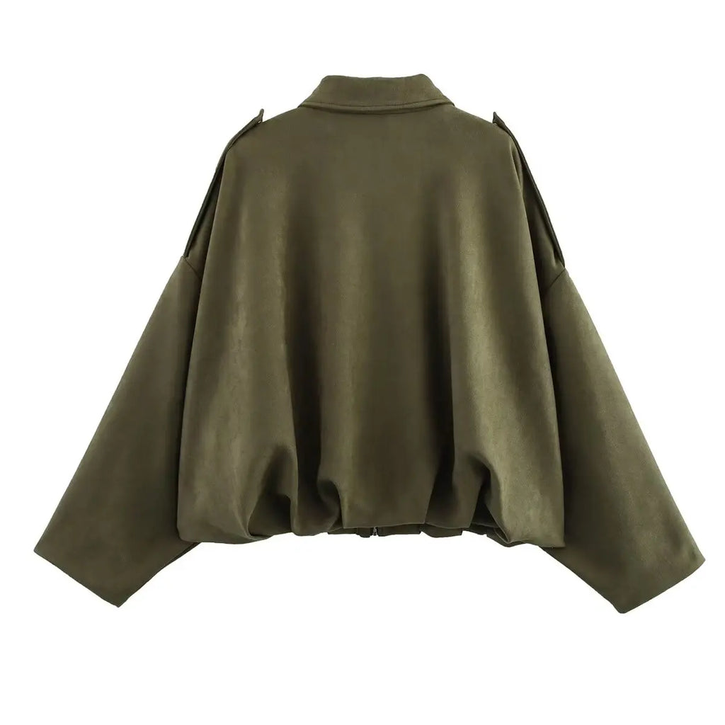 Women Suede Bomber Jacket Spring New Fashion Long Sleeve Zipper