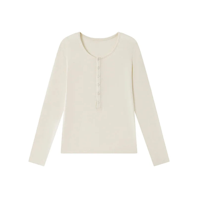 Silk Wool Basic Shirt For Women Autumn Winter Round Button Neck Slim Knitwear