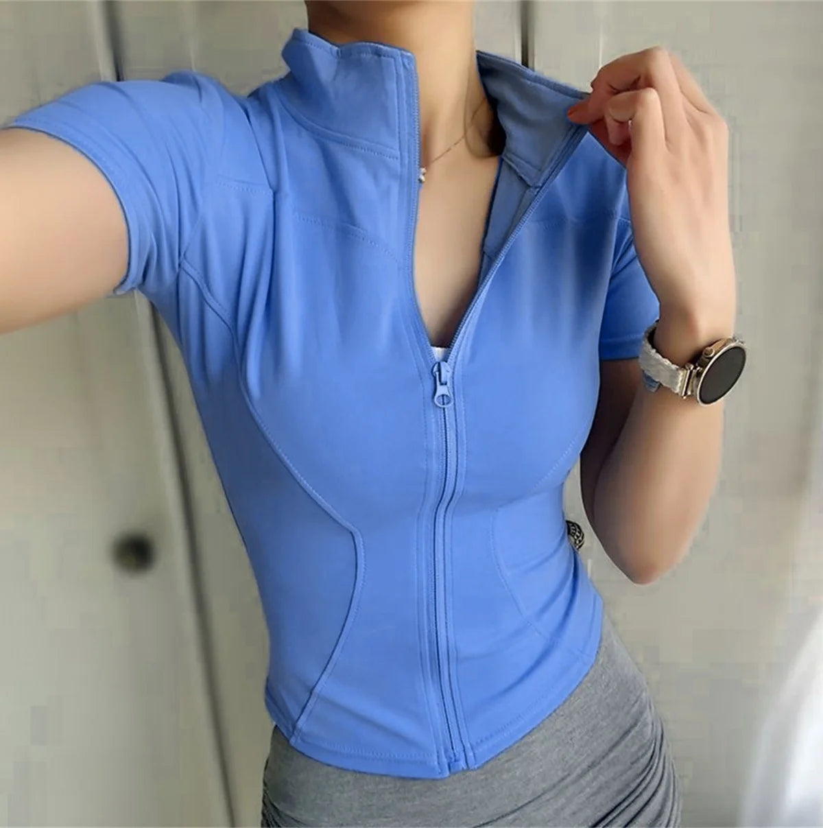 Summer Solid Zipper Slimming Coat Women Short Sleeve Stand Collar