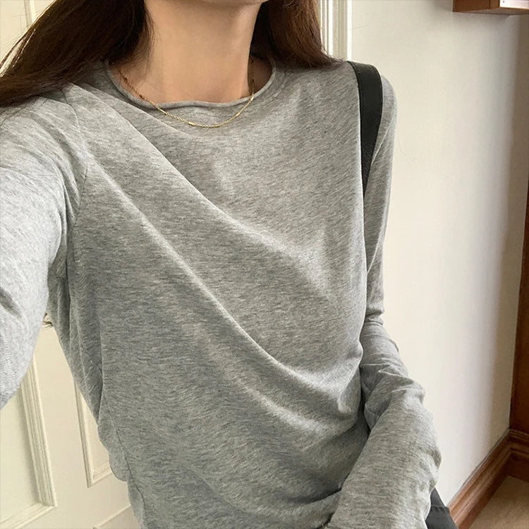 Spring T shirt Women Tops Solid Long Sleeve Ruched O Neck Tshirts Female