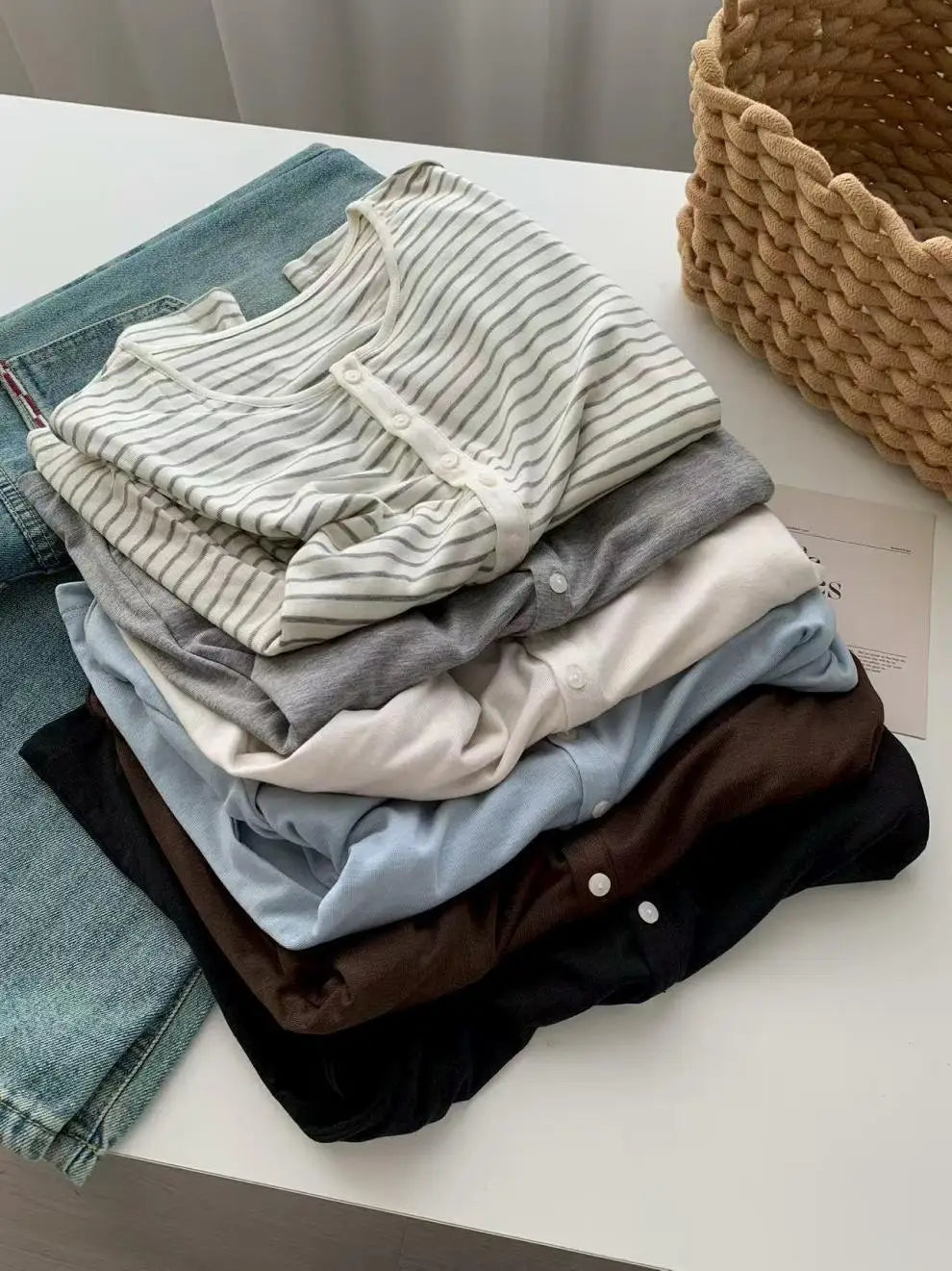 Silk Wool Basic Shirt For Women Autumn Winter Round Button Neck Slim Knitwear