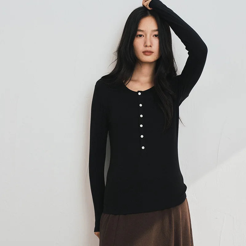 Silk Wool Basic Shirt For Women Autumn Winter Round Button Neck Slim Knitwear