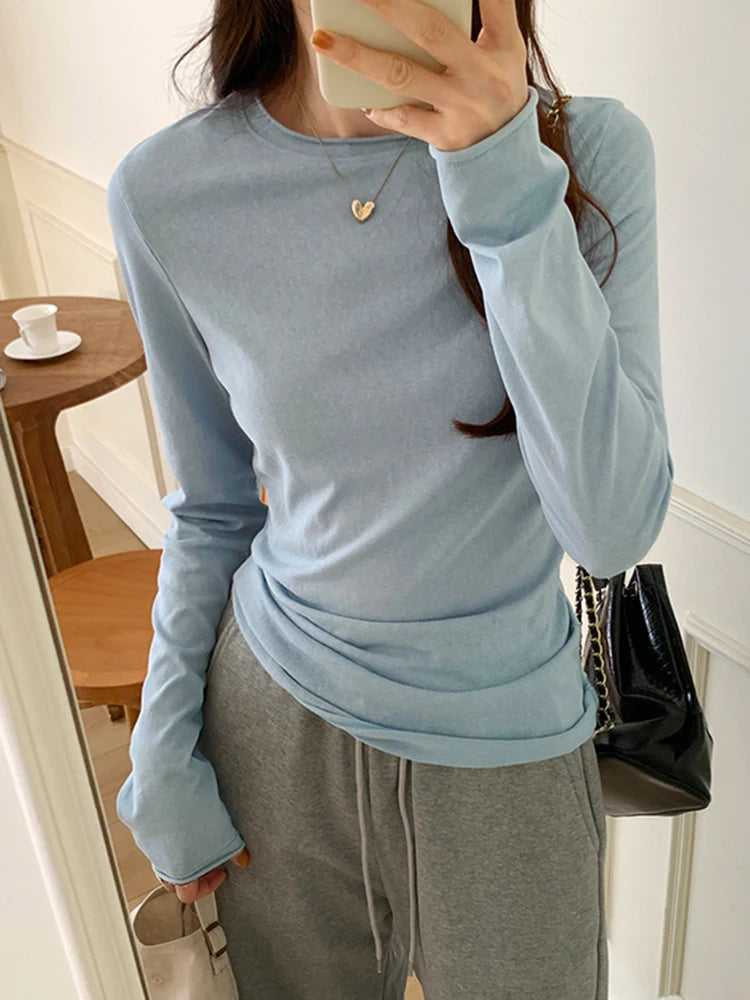 Spring T shirt Women Tops Solid Long Sleeve Ruched O Neck Tshirts Female