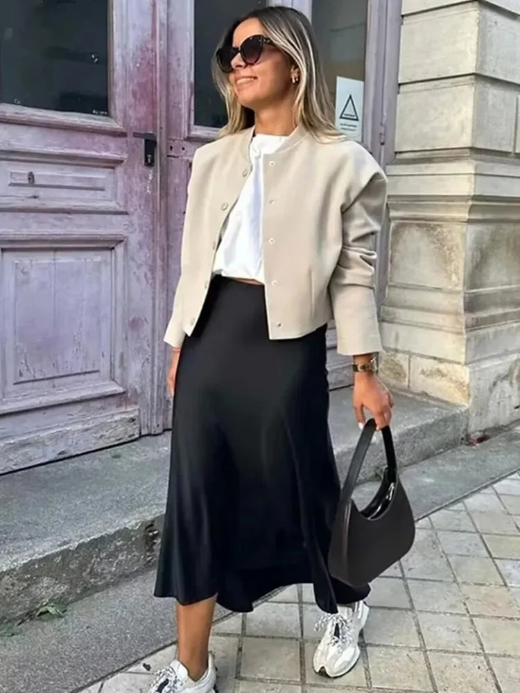 Black Satin skirt Woman High Waist