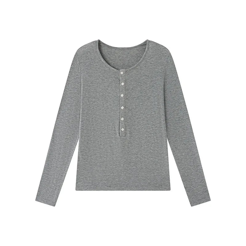 Silk Wool Basic Shirt For Women Autumn Winter Round Button Neck Slim Knitwear