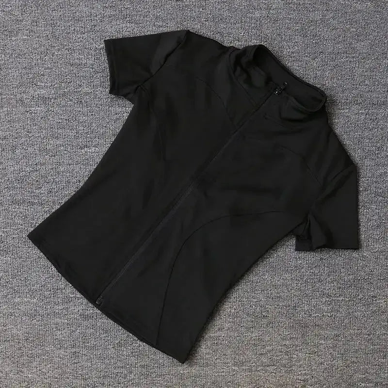 Summer Solid Zipper Slimming Coat Women Short Sleeve Stand Collar