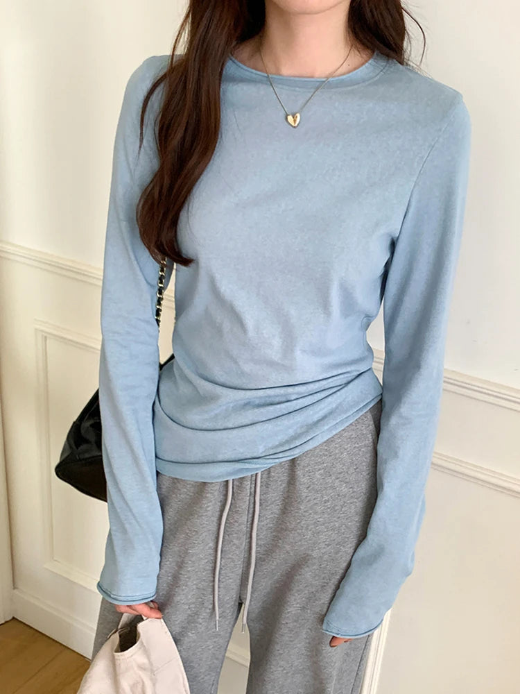 Spring T shirt Women Tops Solid Long Sleeve Ruched O Neck Tshirts Female