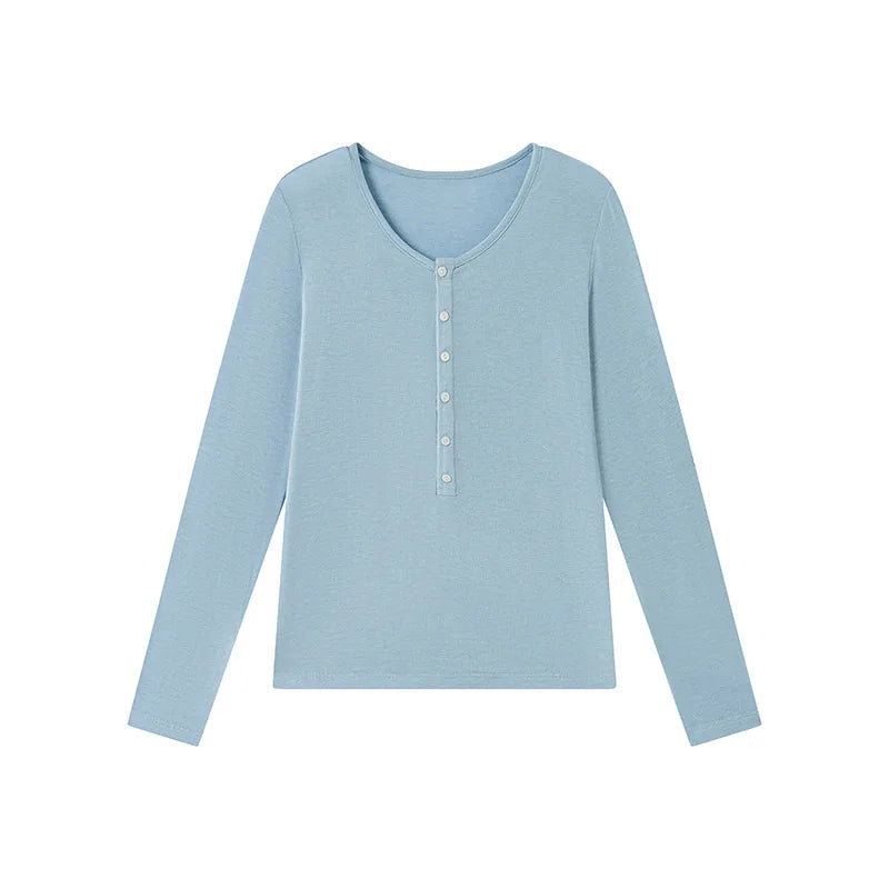 Silk Wool Basic Shirt For Women Autumn Winter Round Button Neck Slim Knitwear