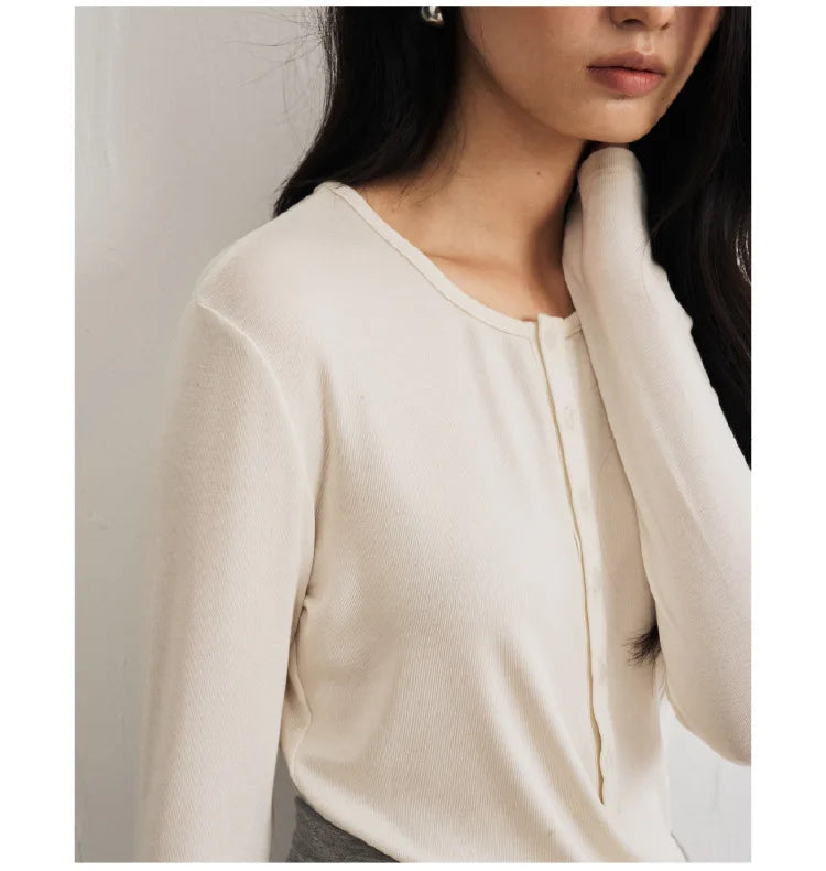 Silk Wool Basic Shirt For Women Autumn Winter Round Button Neck Slim Knitwear