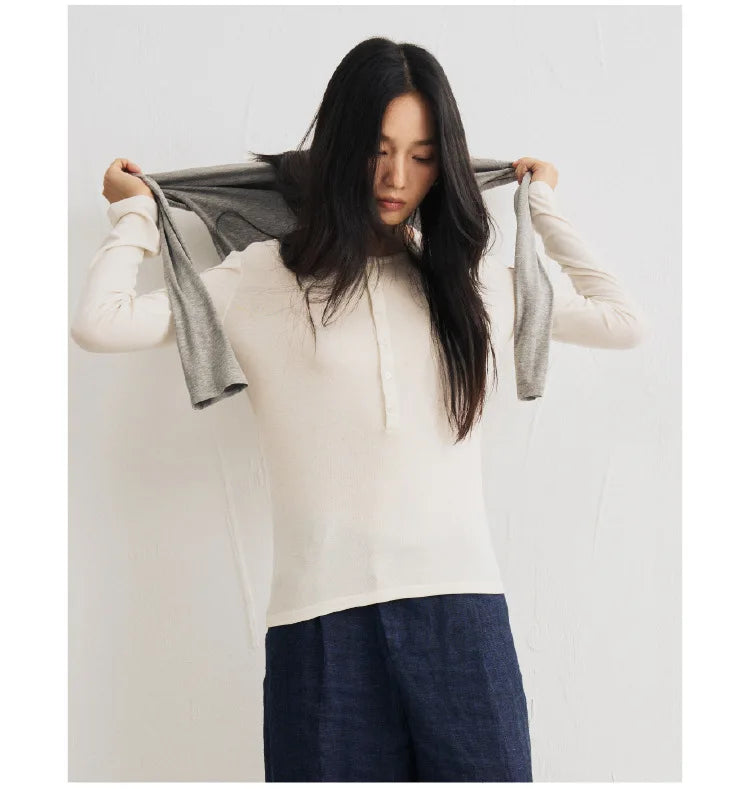 Silk Wool Basic Shirt For Women Autumn Winter Round Button Neck Slim Knitwear