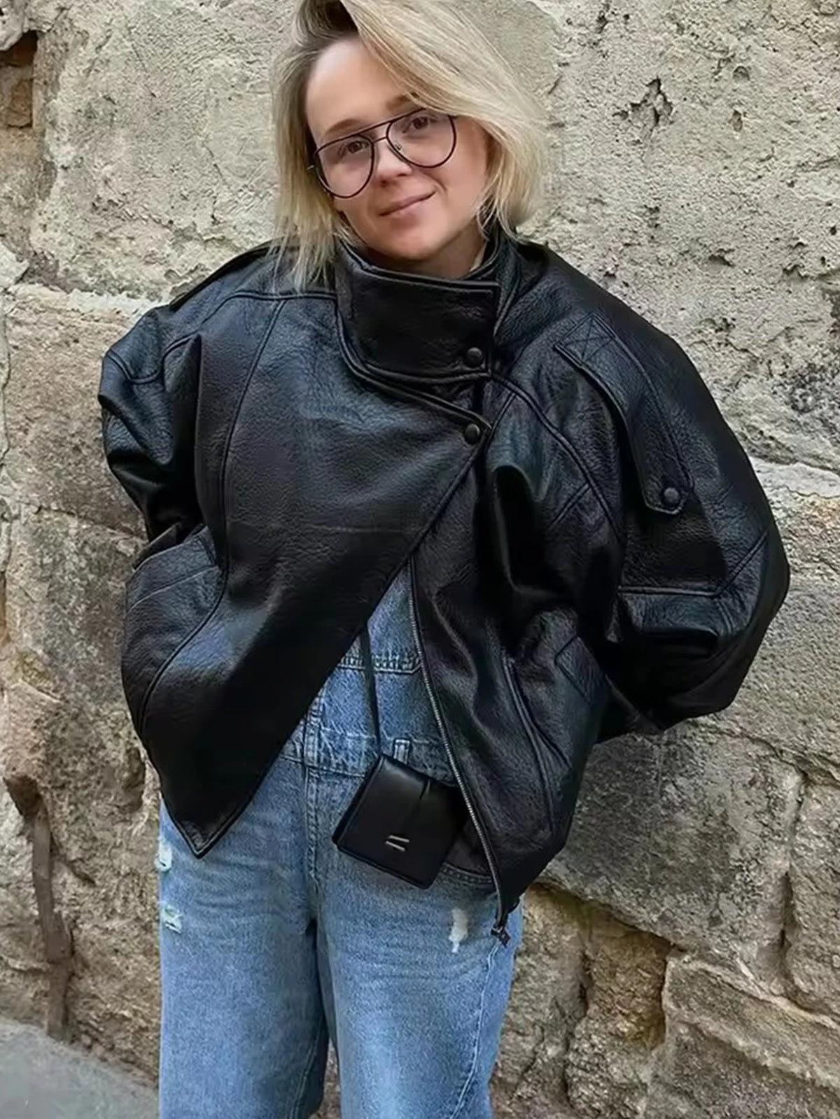 TFMLN Chic Black Faux Leather Jackets Women Long Sleeve
