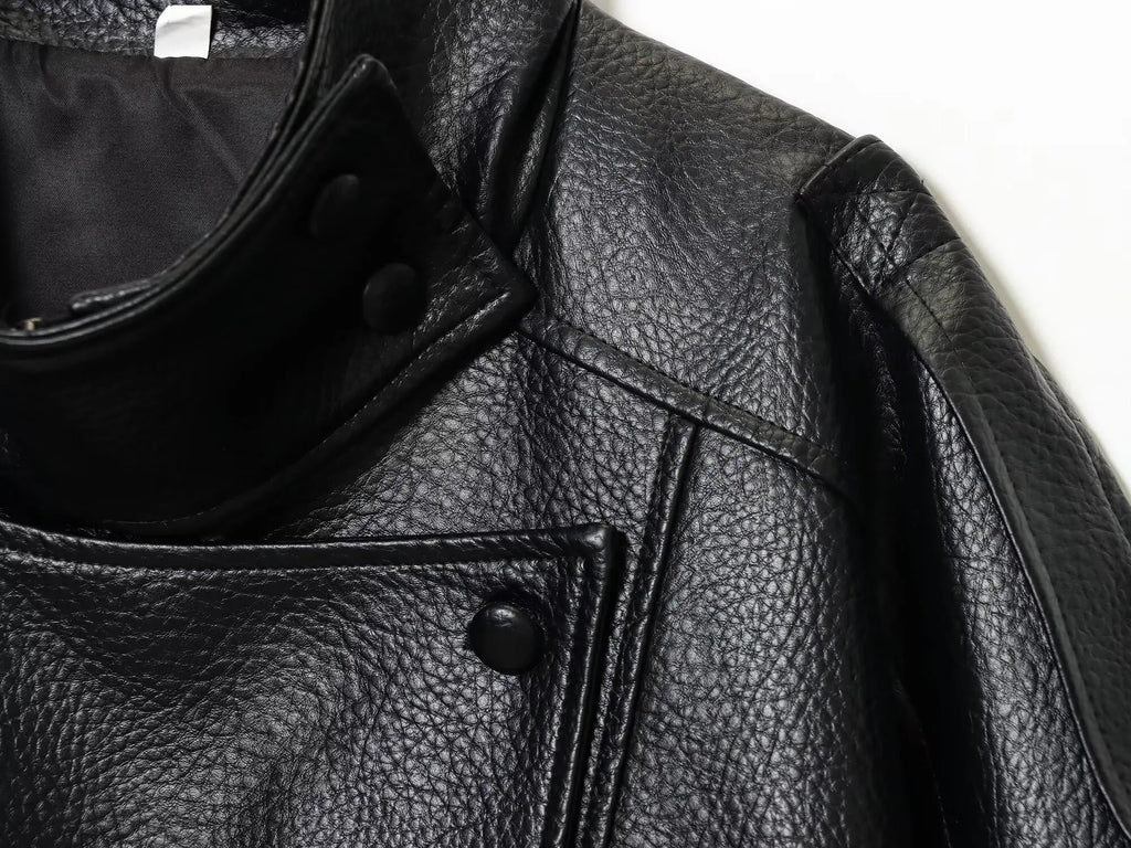 TFMLN Chic Black Faux Leather Jackets Women Long Sleeve