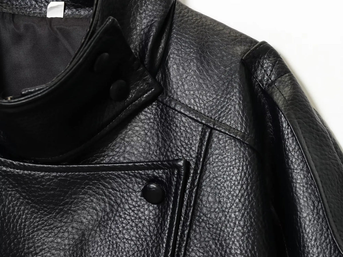 TFMLN Chic Black Faux Leather Jackets Women Long Sleeve