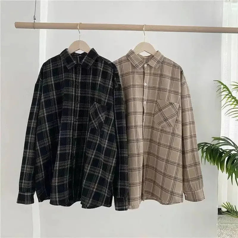 Vintage Plaid Shirts Women Autumn Long Sleeve Oversize Button Up