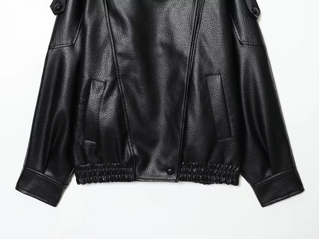 TFMLN Chic Black Faux Leather Jackets Women Long Sleeve