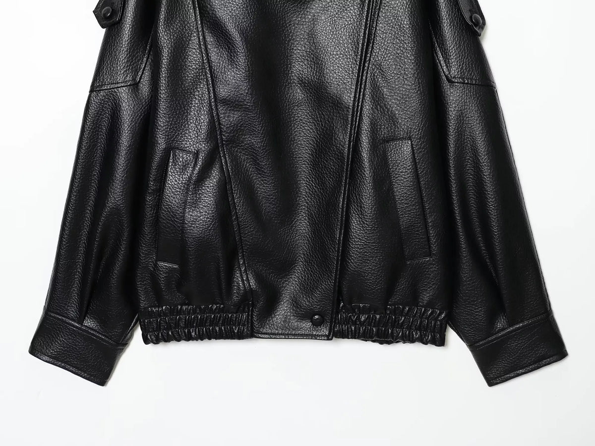 TFMLN Chic Black Faux Leather Jackets Women Long Sleeve