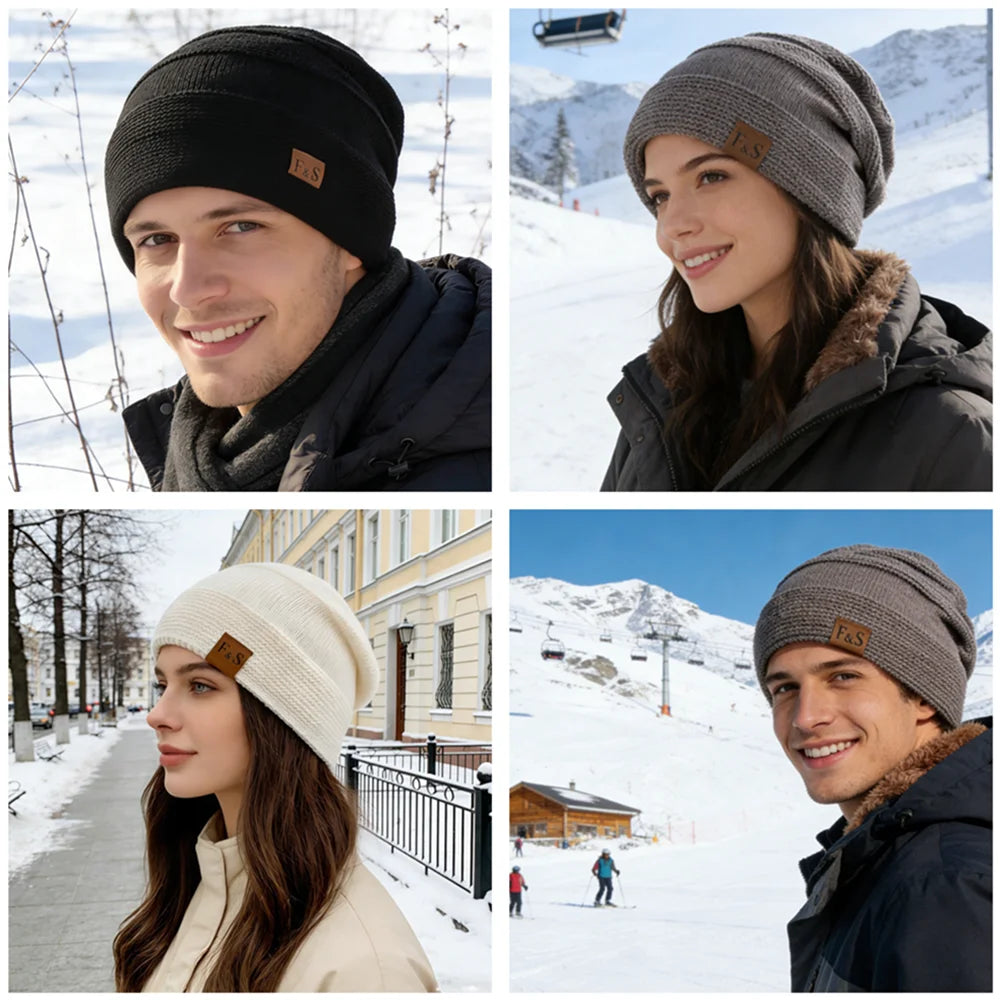 New Unisex Slouchy Winter Hats Add Fur Lined Men And Women Warm Beanie Cap