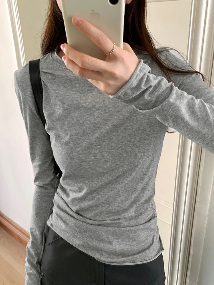 Spring T shirt Women Tops Solid Long Sleeve Ruched O Neck Tshirts Female