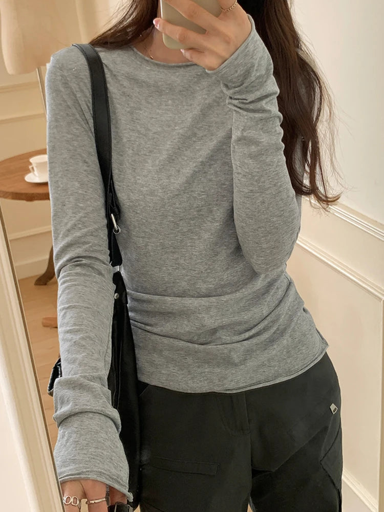 Spring T shirt Women Tops Solid Long Sleeve Ruched O Neck Tshirts Female