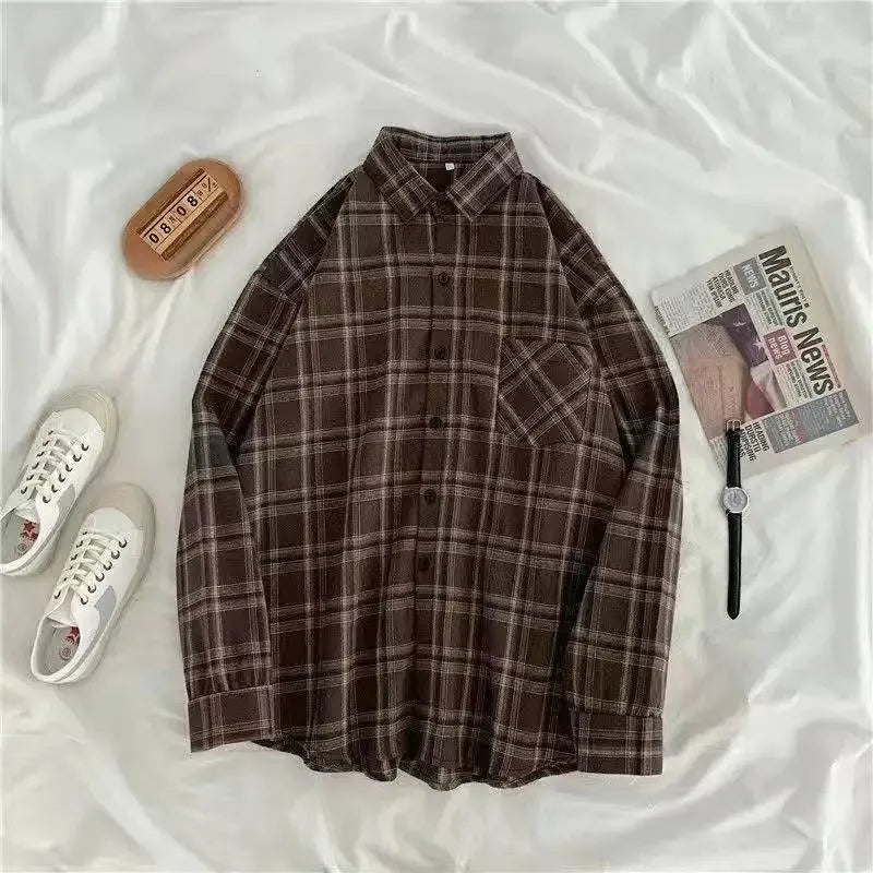 Vintage Plaid Shirts Women Autumn Long Sleeve Oversize Button Up