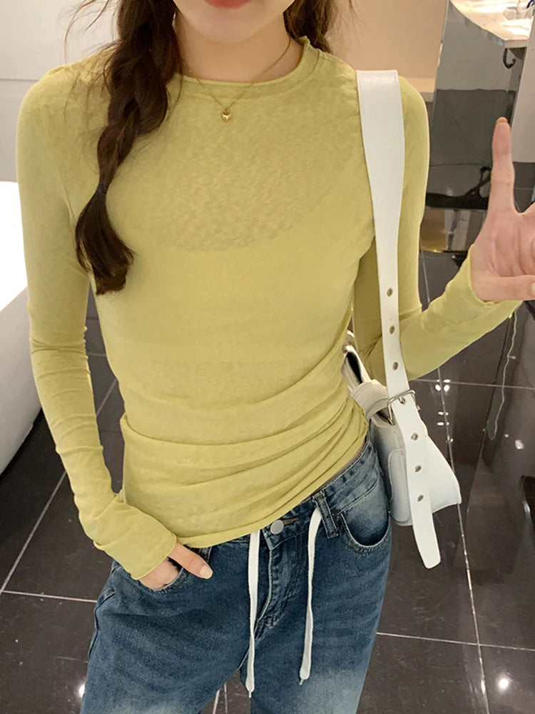 Spring T shirt Women Tops Solid Long Sleeve Ruched O Neck Tshirts Female