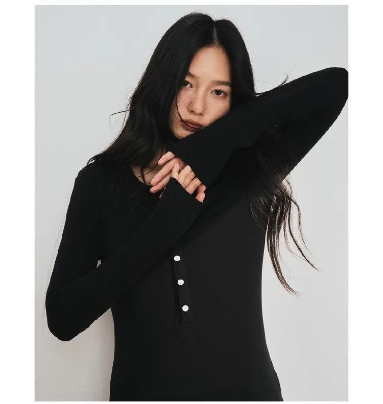Silk Wool Basic Shirt For Women Autumn Winter Round Button Neck Slim Knitwear