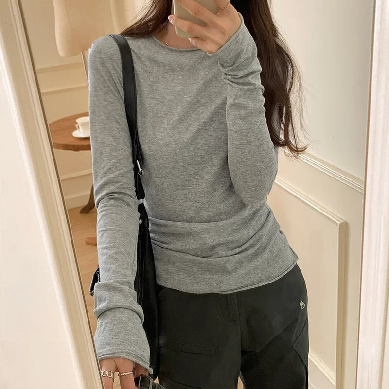 Spring T shirt Women Tops Solid Long Sleeve Ruched O Neck Tshirts Female