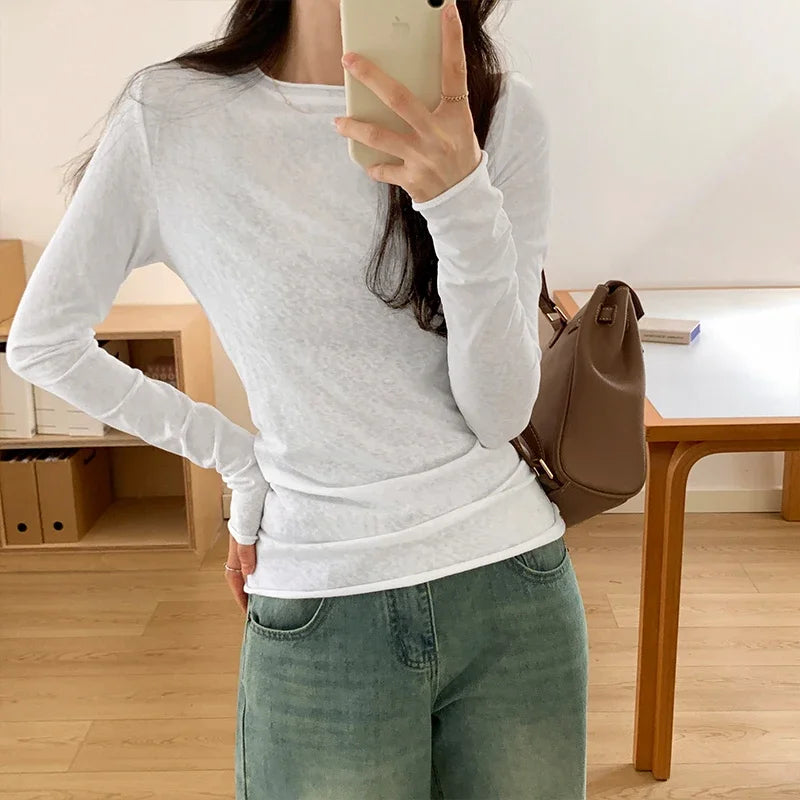 Spring T shirt Women Tops Solid Long Sleeve Ruched O Neck Tshirts Female