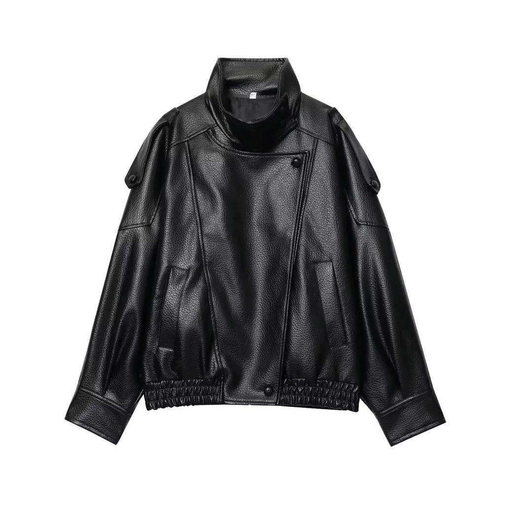 TFMLN Chic Black Faux Leather Jackets Women Long Sleeve